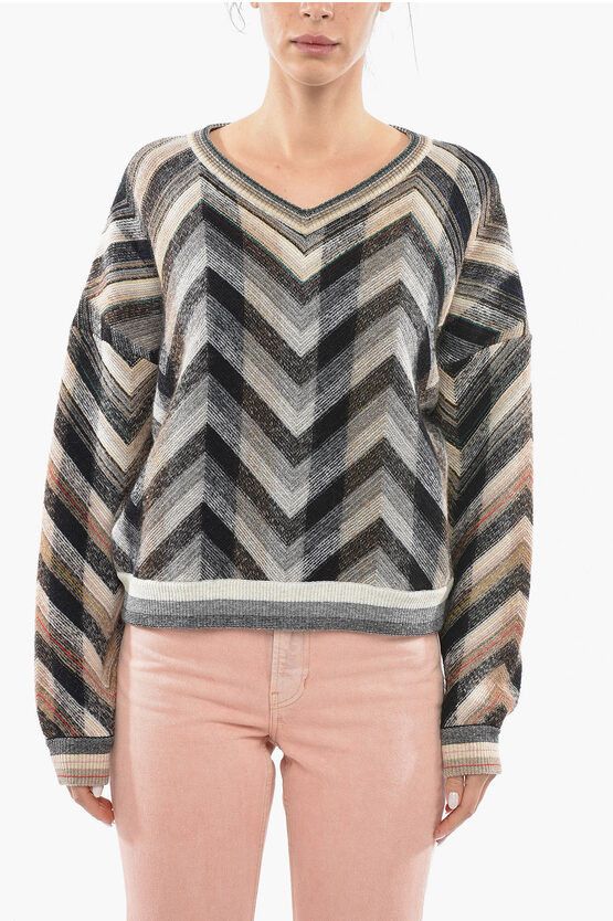 image of Missoni Herringbone Patterned Wool Sweater in Beige, Women's (Size Small)