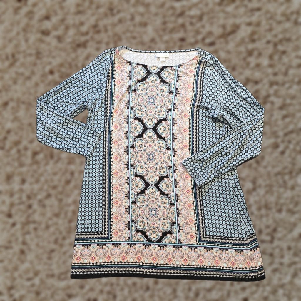 J. Jill J Jill Top Womens Medium Petite Blue Geometric Long Sleeve Stretch Casual Size M / US 6-8 / IT 42-44 - 1 Thumbnail
