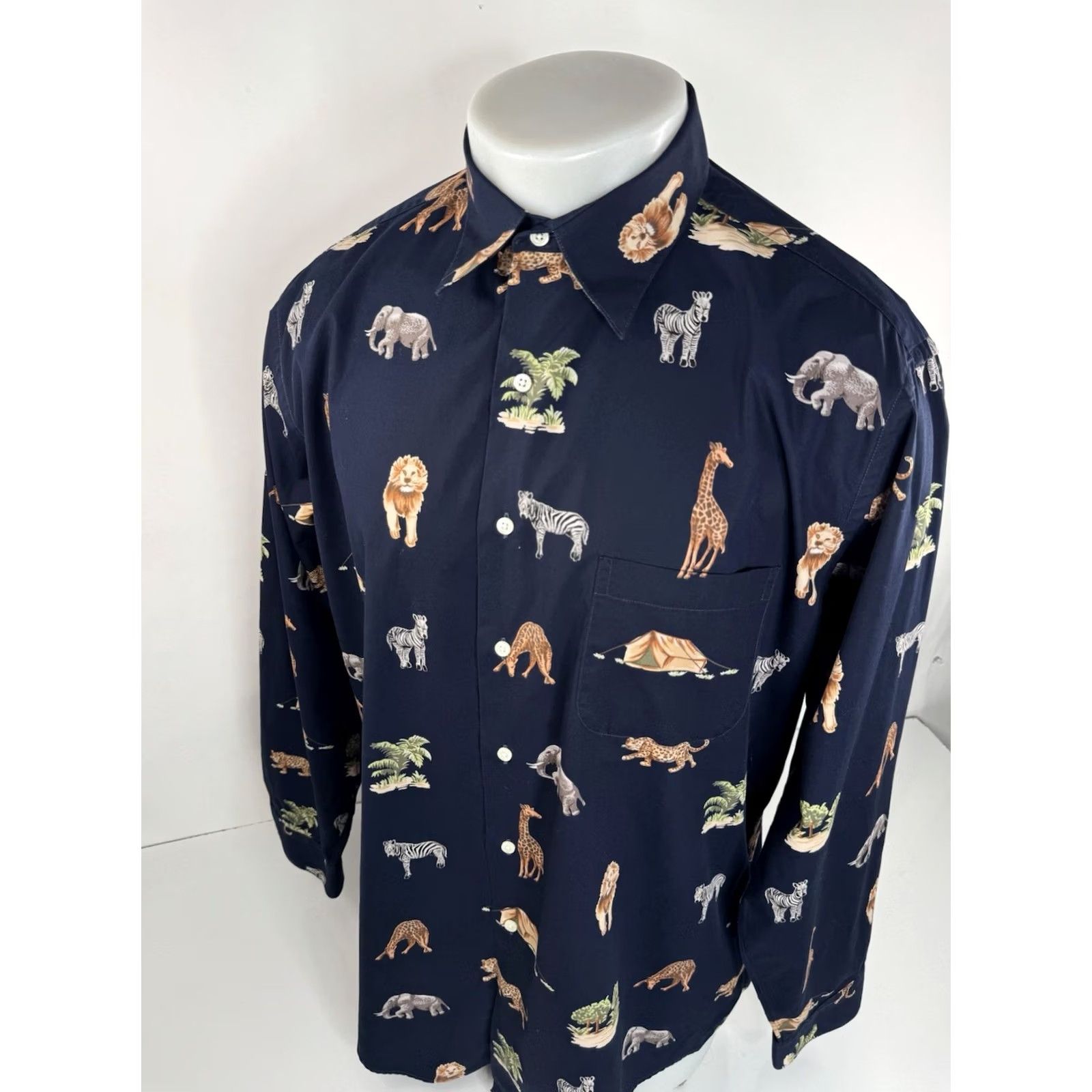 Vintage MAUS & HOFFMAN Safari Jungle Tent Lion Elephant Zebra Giraffe L Shirt EXC - Button-Up, Long Sleeve, Blue, Size L, Men, Zebra Theme Size US L / EU 52-54 / 3 - 3 Thumbnail