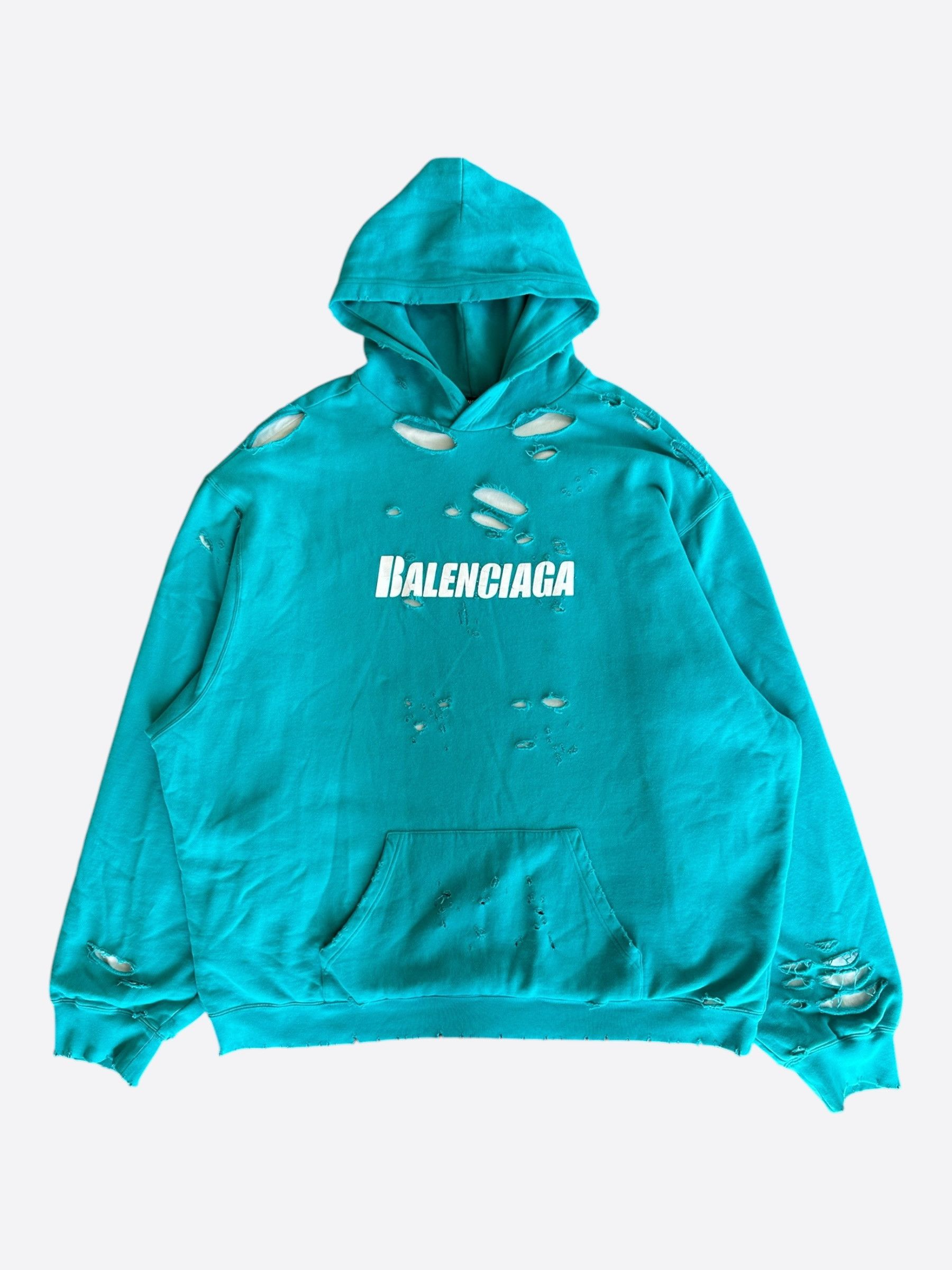 Balenciaga Balenciaga Turquoise & White Logo Distressed Hoodie Size US XXL / EU 58 / 5 - 1 Thumbnail