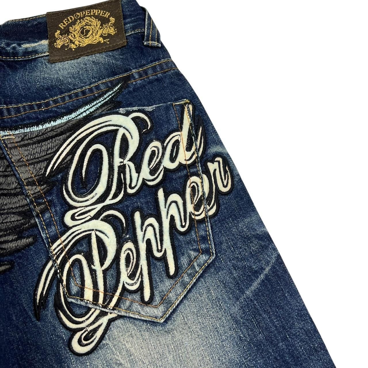 Japanese Brand Vintage Red Pepper Embroidered Skull Jeans - Waist 29 Size US 29 - 4 Thumbnail
