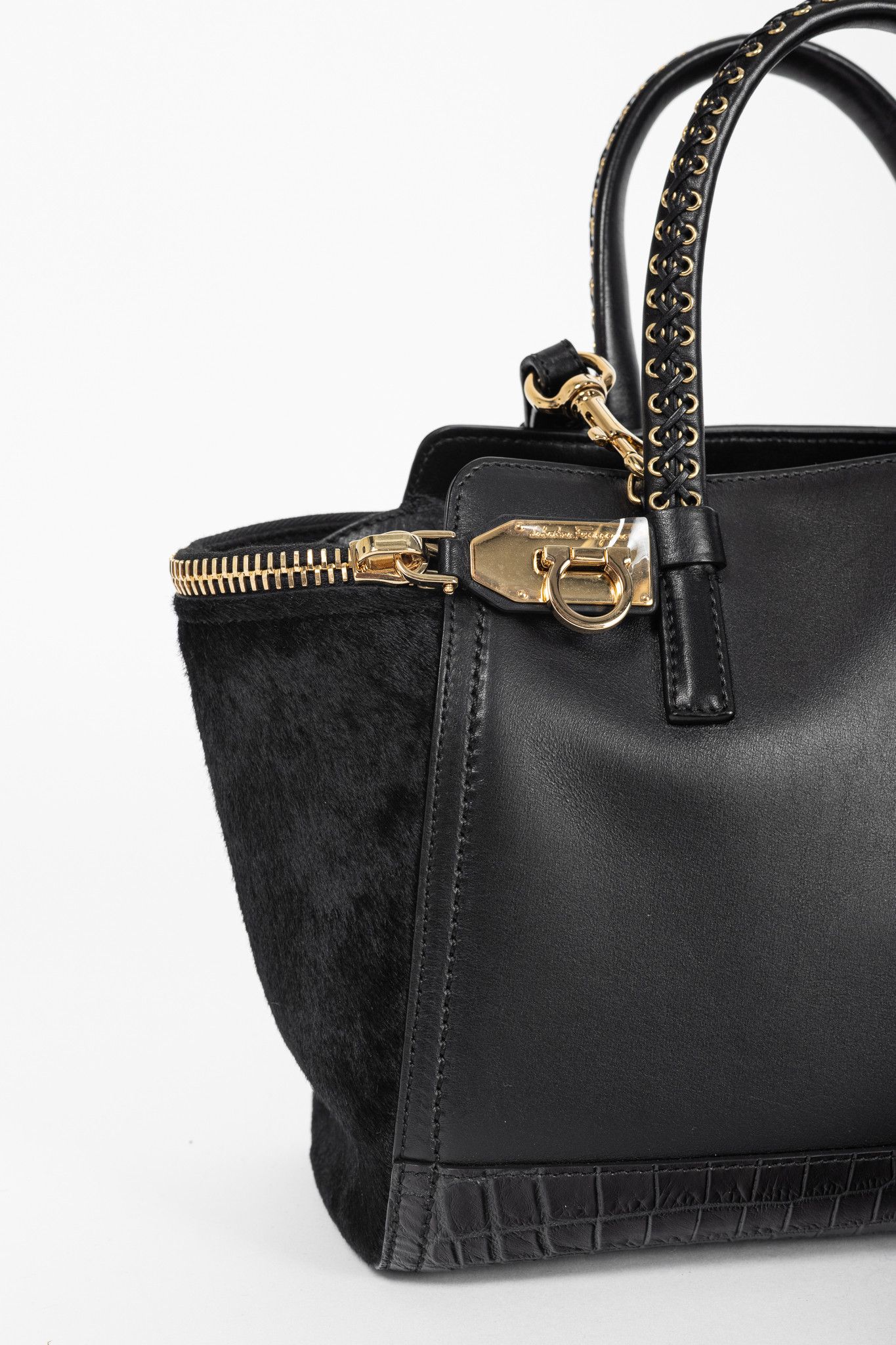 Salvatore Ferragamo Salvatore Ferragamo Gancini Black Leather & Calf Hair Tote Size ONE SIZE - 9 Thumbnail