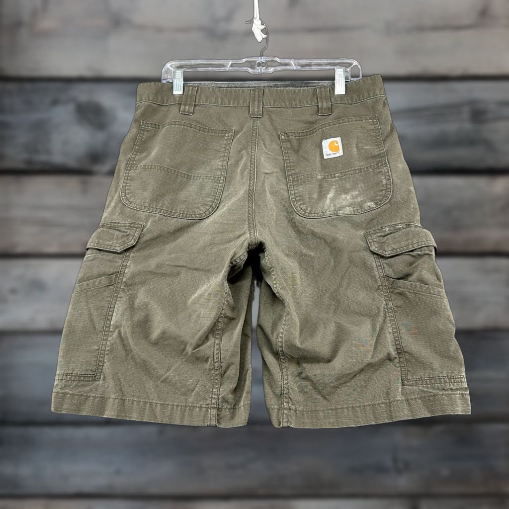 Carhartt Shorts Mens 34 Green Canvas Cargo Pockets Ripstop Cotton Relaxed Fit Dock Cargo Pocket Distressed Pockets
