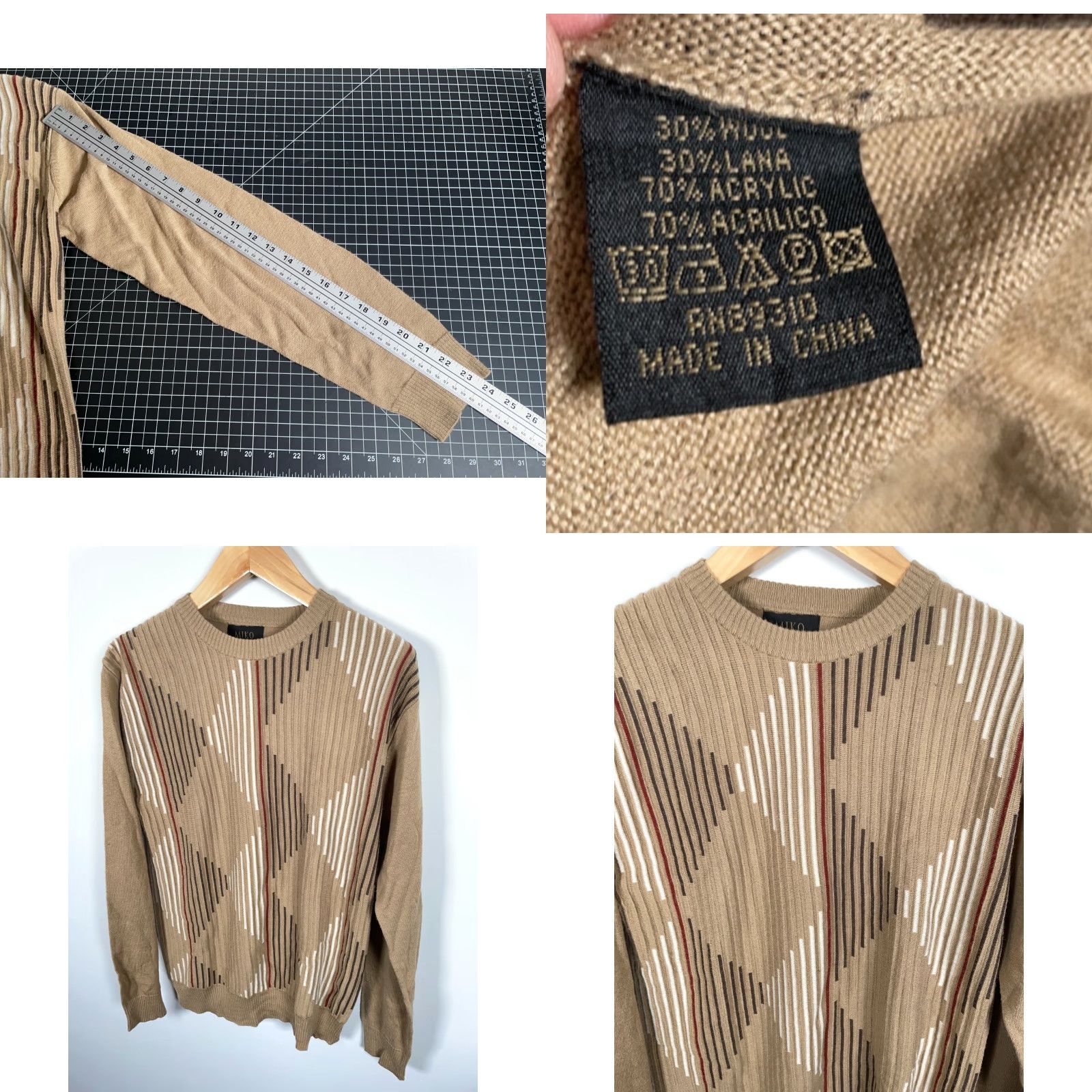 Vintage VINTAGE Miko Sweater Mens Large XL Beige Wool Blend Diamond Pattern Crew Neck Pullover Knit Casual Size US L / EU 52-54 / 3 - 8 Thumbnail