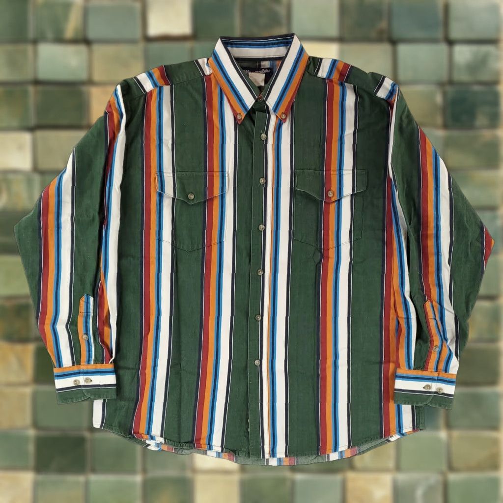 Wrangler Wrangler Button-Up Shirt Long Sleeve Green Striped Mens XL Size US XL / EU 56 / 4 - 1 Thumbnail