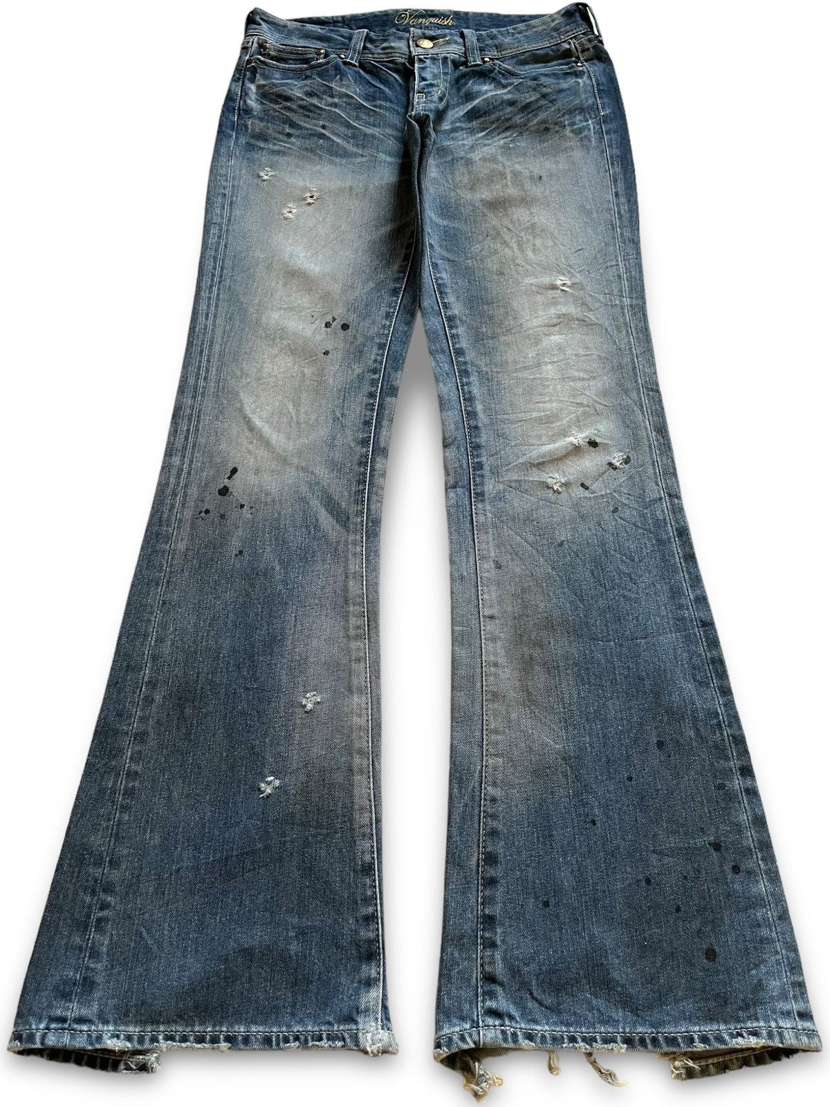 image of Vintage Japanese Vanquish Splatter Distressed Flare Jeans in Blue, Men's (Size 30)