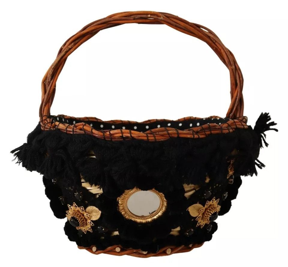 Black Beige Straw Basket Tote Pom Pom Crystals Women's Bag