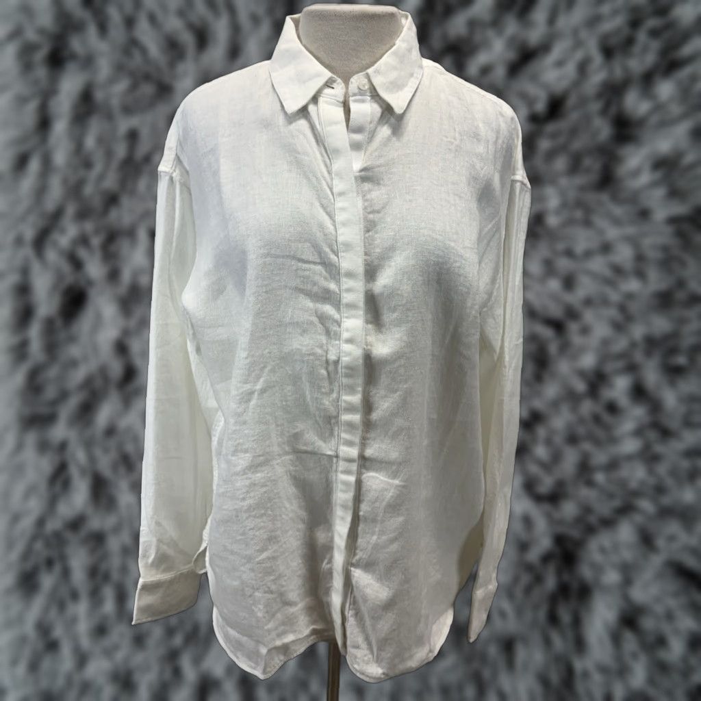 Athleta VINTAGE? no (not vintage). Title: Athleta Playa Button Up Shirt Womens Large White Linen Long Sleeve Collared 100% Linen Classic Shirt Size L / US 10 / IT 46 - 1 Thumbnail