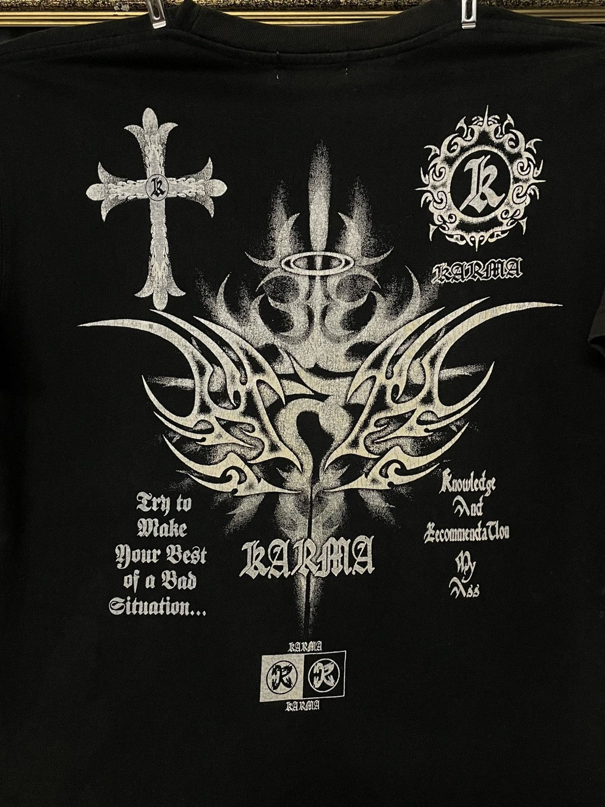 Japanese Brand Vintage 1990s Japan Karma Tribal Cross Gothic Style Tshirt Size US M / EU 48-50 / 2 - 3 Thumbnail