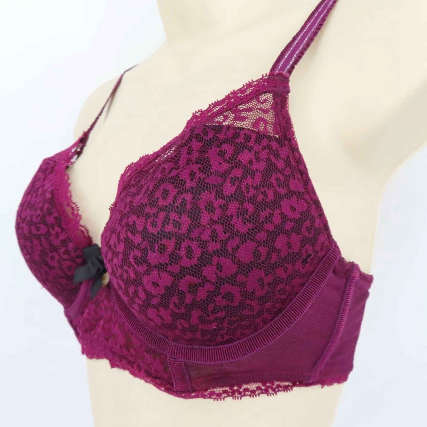 Vintage Kensie 34C Underwire Padded Bra Purple Leopard Animal Print Lace Bow Size ONE SIZE - 4 Thumbnail