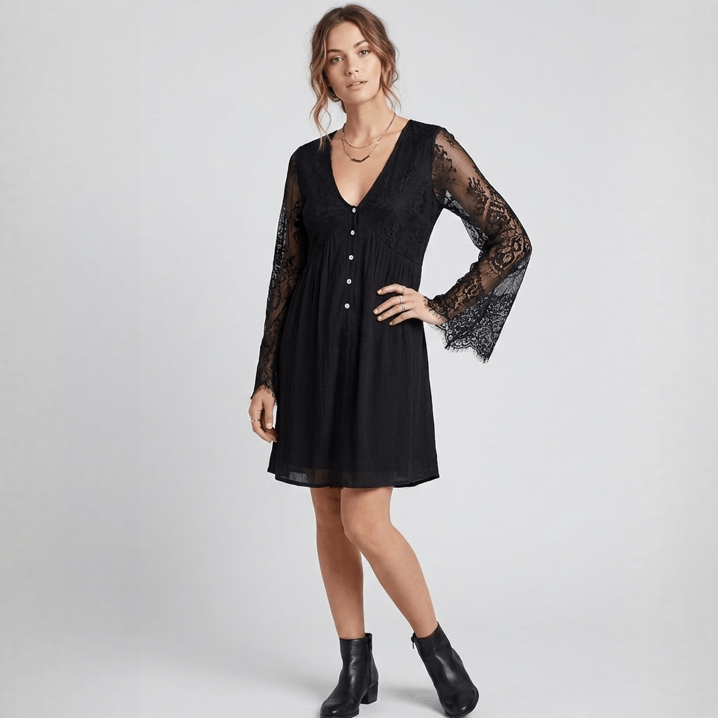 Other BaeVely S/M Dress Black Mini Lace Long Sleeve Empire Lined Size S / US 4 / IT 40 - 2 Thumbnail