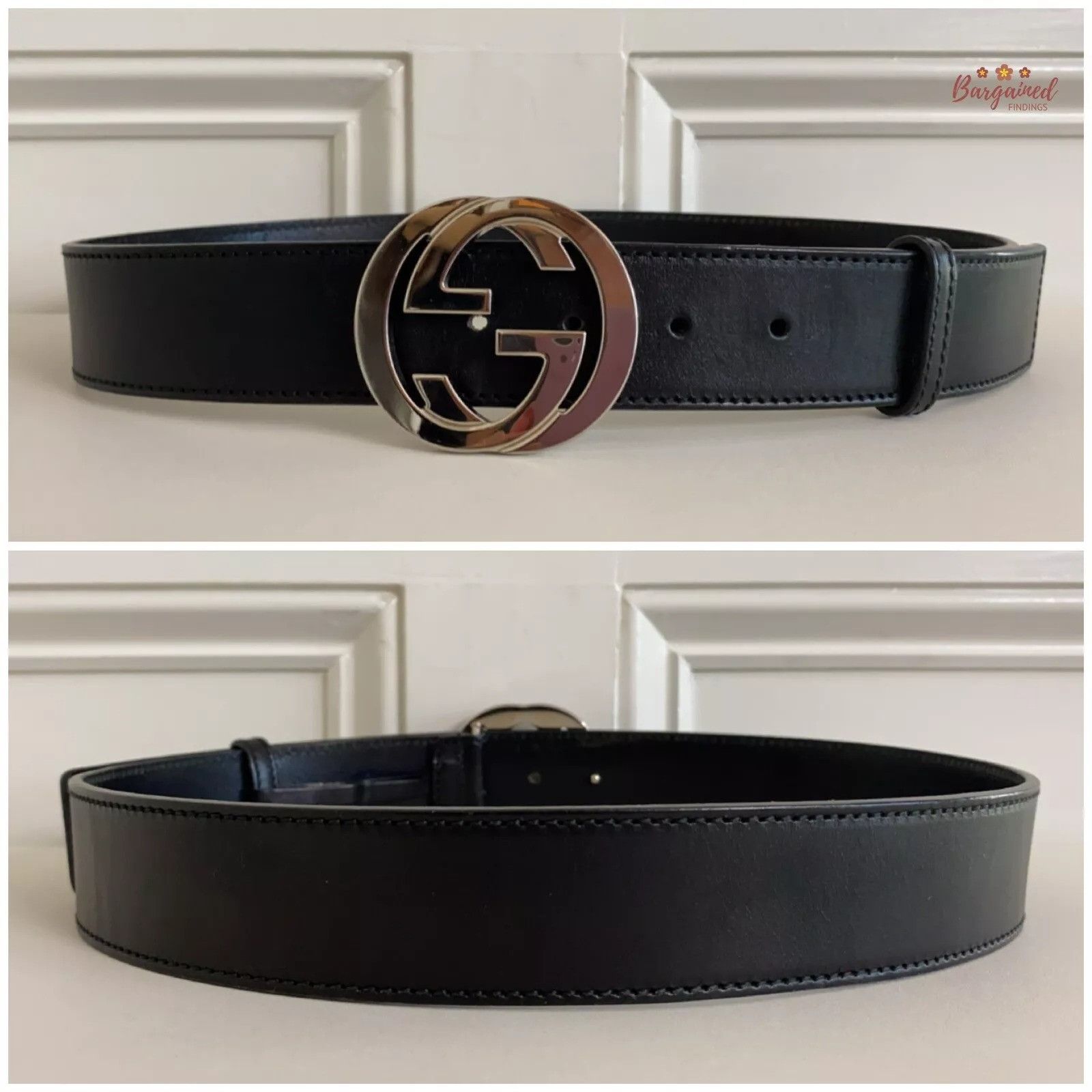 Gucci Gucci Black Calfskin Silver Interlocking G Buckle Belt Size 30 - 3 Thumbnail