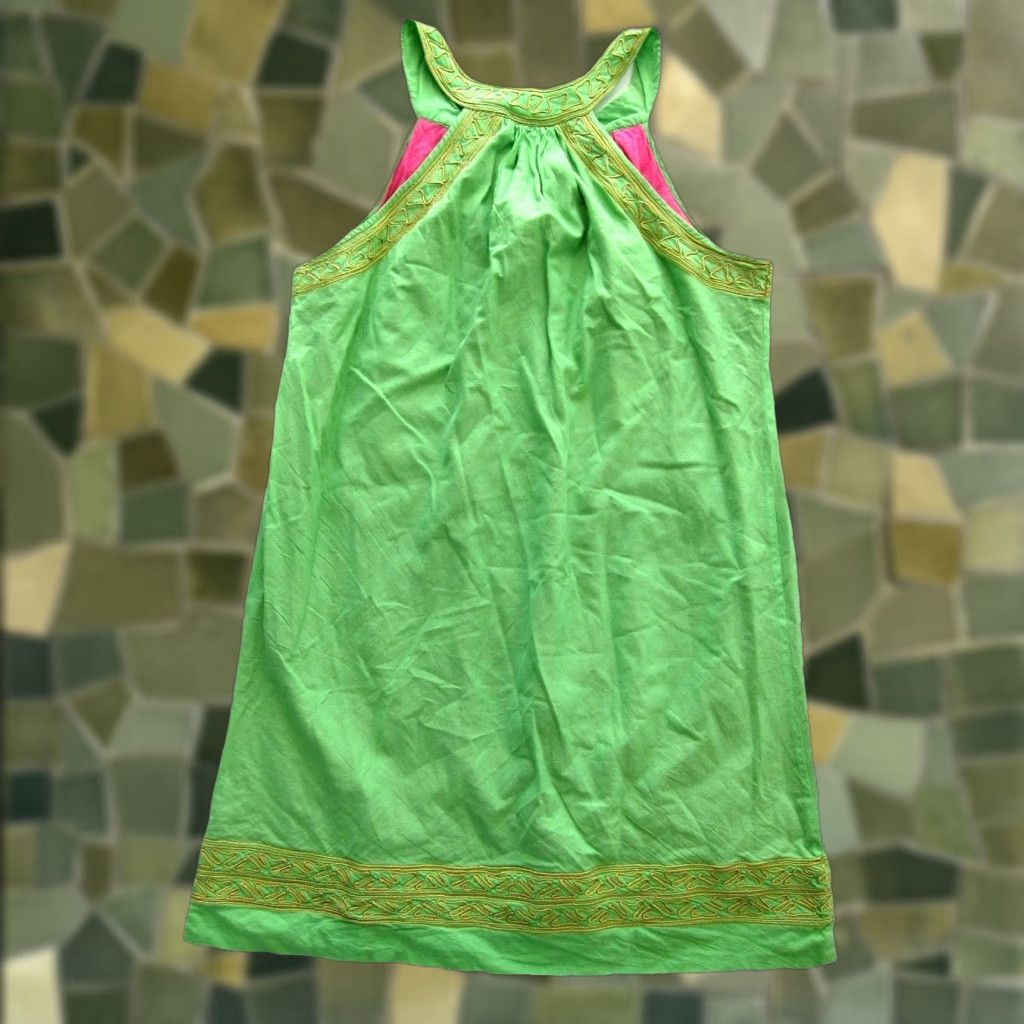 Gretchen Scott 100% Cotton Green Embroidered Gold Tunic Tank Dress M-L - Vintage Women's Maxi Kaftan Sleeveless V-Neck Pullover Dress