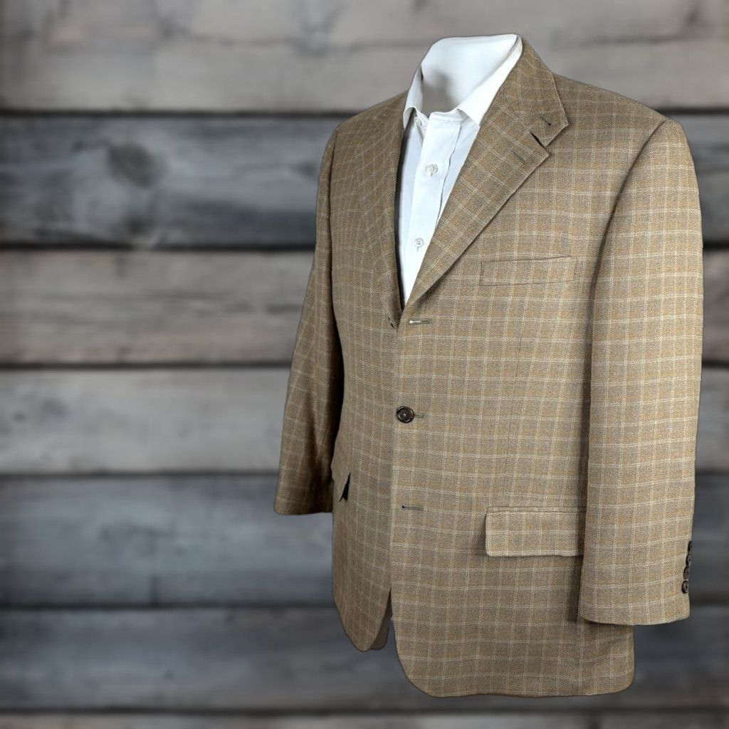 Vintage Bachrach Men's Sport Coat 40S Beige Orange Check Wool Silk