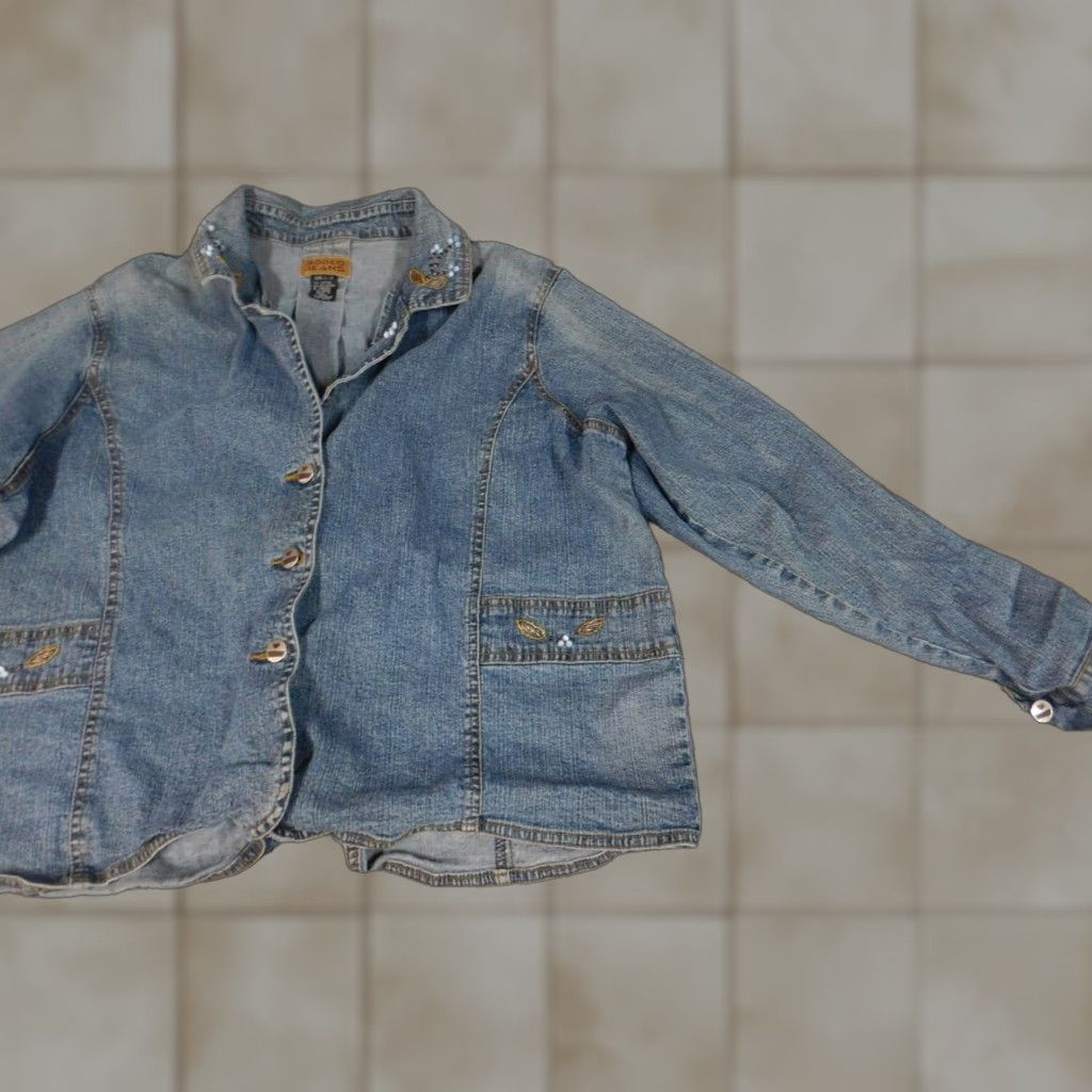 Denime Rodeo Jacket Womens 10 Blue Denim Button Long Sleeve Collared Embroidered Casual Basic Solid Mid-Length Jacket Coat Womens Size 32" / US 10 / IT 46 - 1 Thumbnail