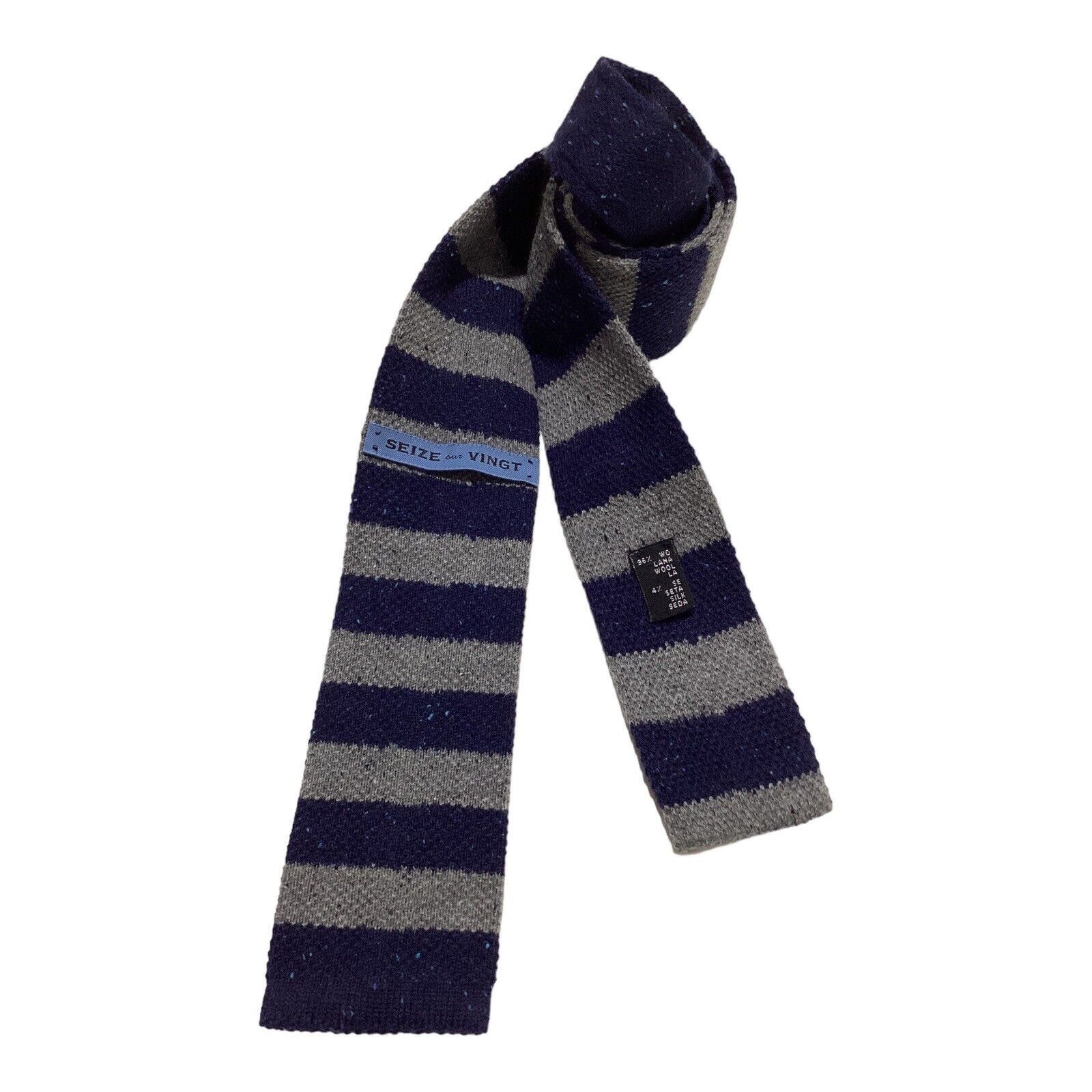 Seize sur Vingt SEIZE SUR VINGT Blue & Gray Horizontal Striped Wool Knit Tie Size ONE SIZE - 2 Thumbnail