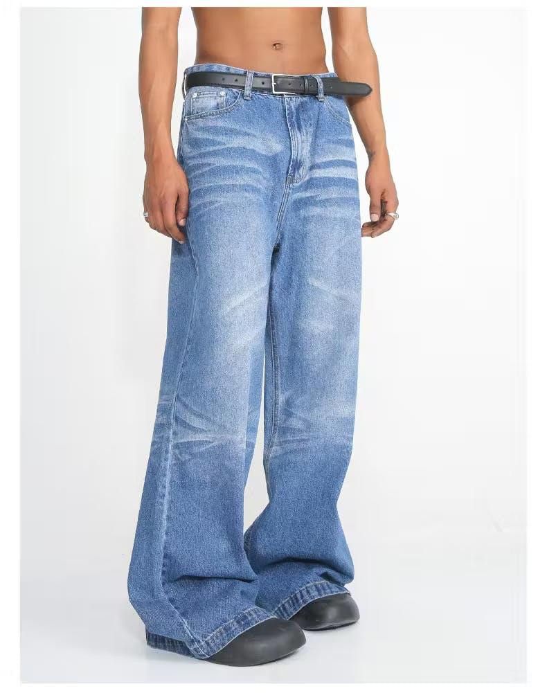 image of Baggy Washed Flared Wide Leg Denim Jeans in Blue, Men's (Size 31)