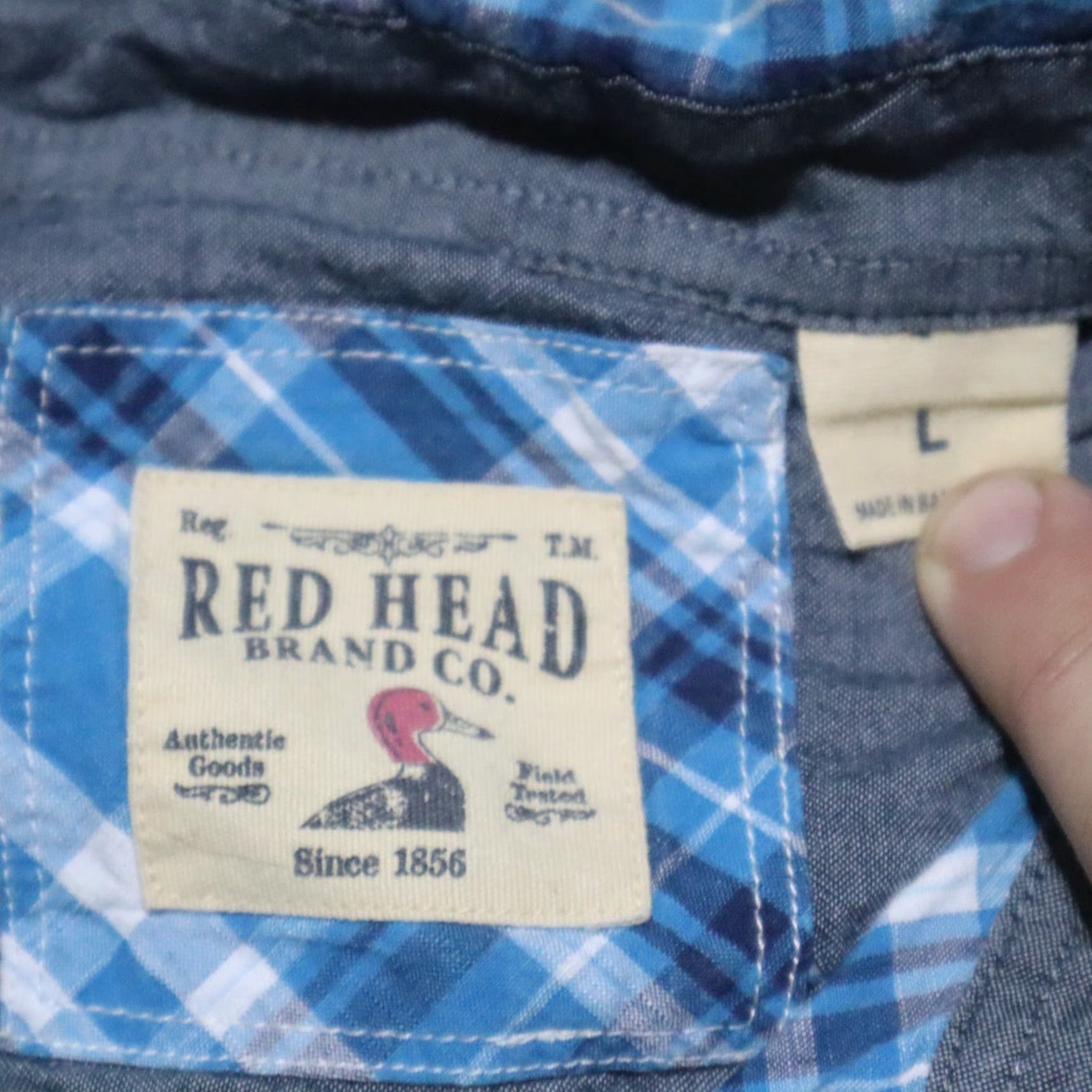 Vintage Red Head Shirt Button-Up Plaid Blue Short Sleeve Cotton Adult L Large Mens Size US L / EU 52-54 / 3 - 3 Thumbnail