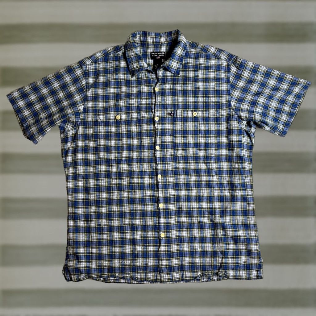 Polo Ralph Lauren VINTAGE Polo Jeans Co. Ralph Lauren Short Sleeve Button-Up Shirt Plaid Sz L Men's Button-Up Old School 90s Retro Blue Cotton Polo Ralph Lauren Shirt Size US L / EU 52-54 / 3 - 1 Thumbnail