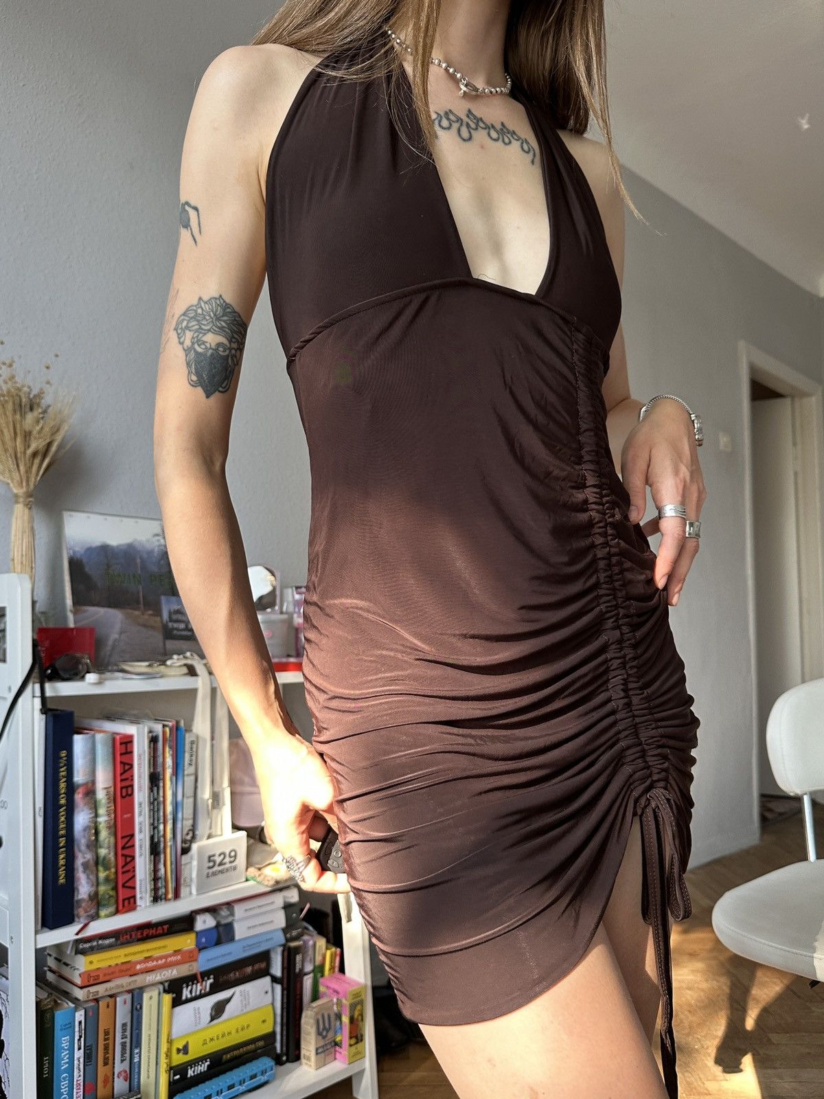 Seditionaries × Vintage Sexy Shiny Halter Ruched Draped Mini Micro Dress Gossigirl Size L / US 10 / IT 46 - 7 Thumbnail