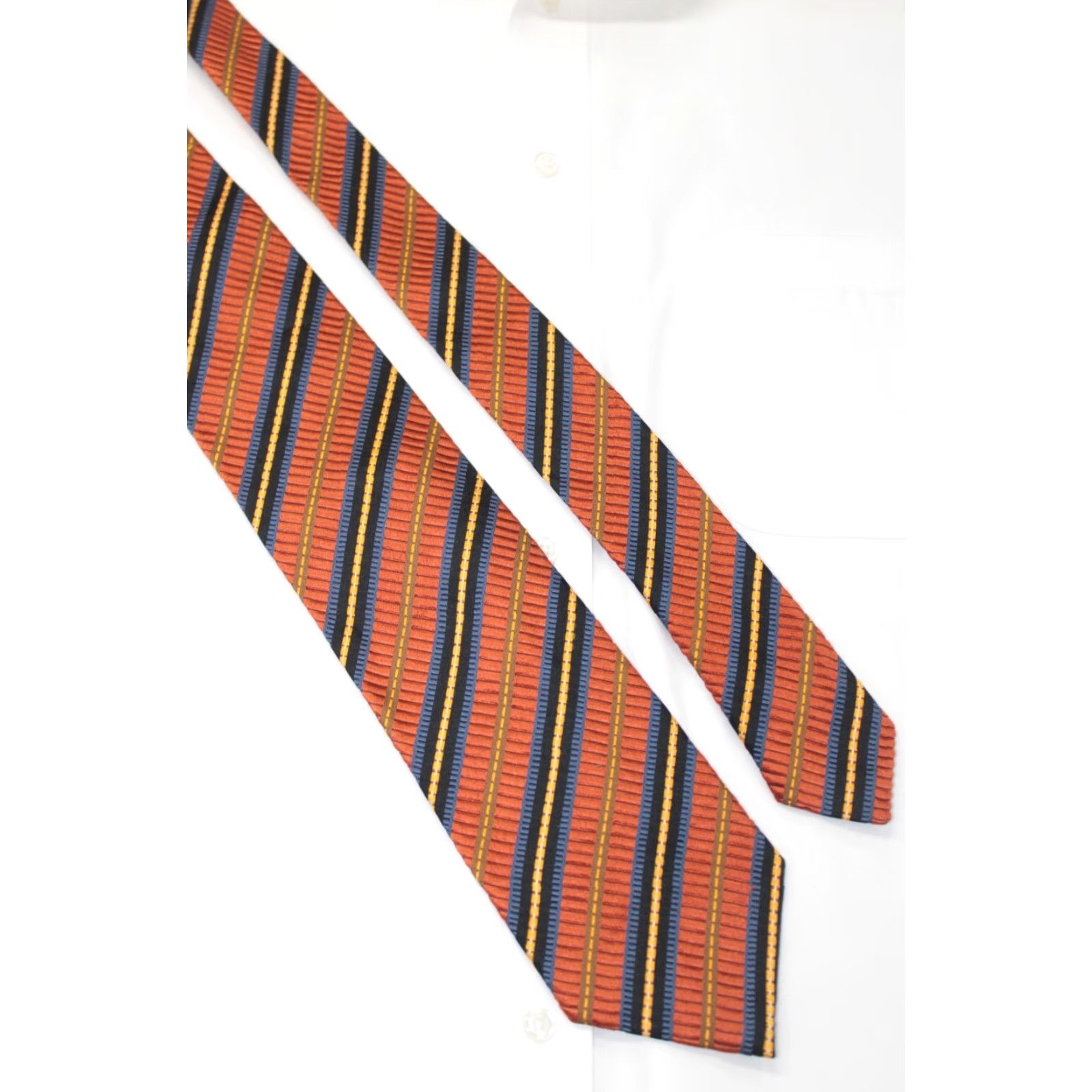 Vintage JZ Richards Silk Necktie Men's Copper Blue Textured Stripe Tie Designer USA Size ONE SIZE - 4 Thumbnail