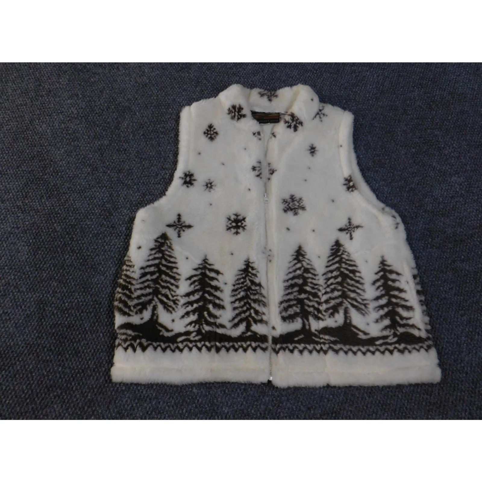 Vintage Cobblestone Canyon Vest Womens XL White Sherpa Fleece Zip Winter Made USA Beige Brown Snowflake Pine Tree Pattern Size XL / US 12-14 / IT 48-50 - 2 Thumbnail
