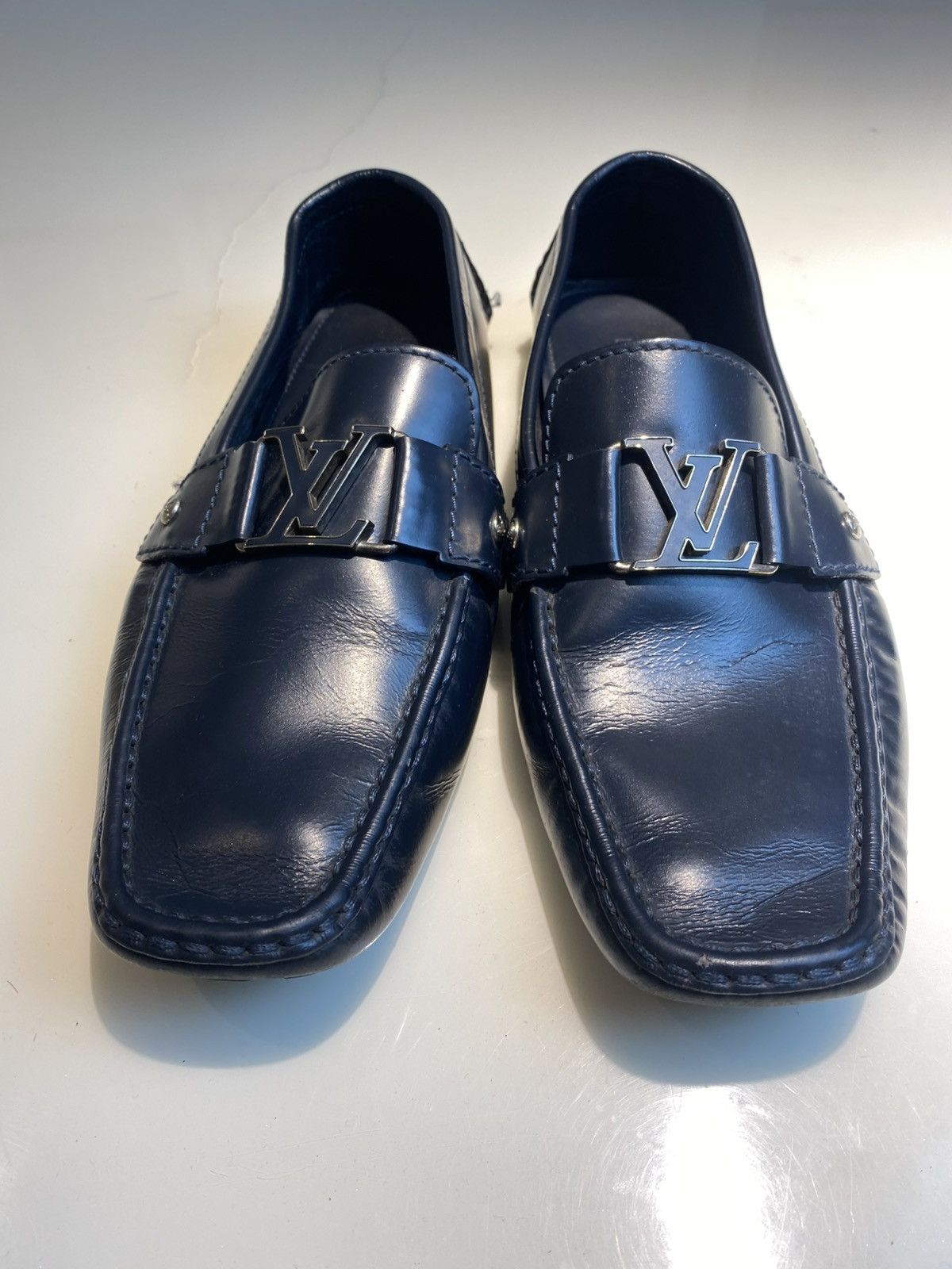 Louis Vuitton Monte Carlo LV Logo Moccasins Blue Leather Size US 10.5 / EU 43-44 - 4 Thumbnail