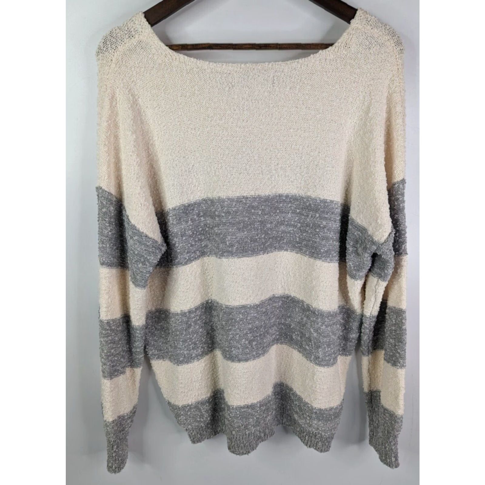 Vintage Knox Rose Sweater Womens Large White Grey Striped V-Neck Chunky Knit Pullover Size L / US 10 / IT 46 - 4 Thumbnail