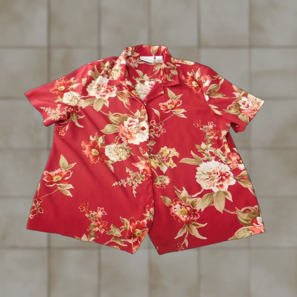 Vintage Alfred Dunner Womens Button-Up Blouse 14 Red Floral Collared Short Sleeve Casual Size XL / US 12-14 / IT 48-50 - 1 Thumbnail