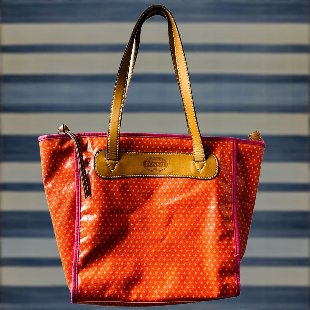 Fossil Fossil Key-Per Shopper Tote Bag Purse Coral Diamond Coated Canvas W/Wallet New Women Large Leather Handles Summer Couture 100% Nylon? Size L / US 10 / IT 46 - 1 Thumbnail