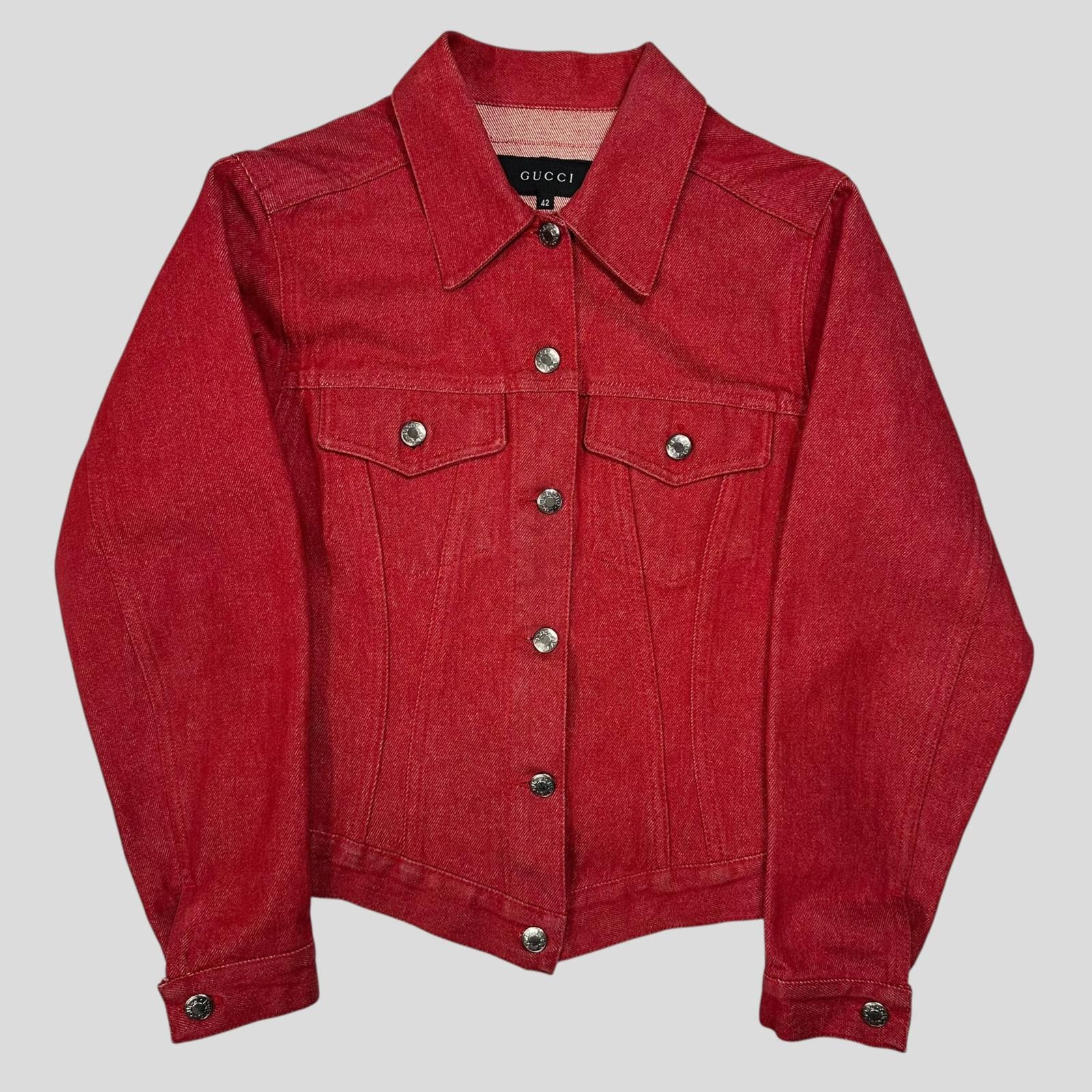 Gucci by Tom Ford 1999 Red Denim Cropped Front Drop Jacket S