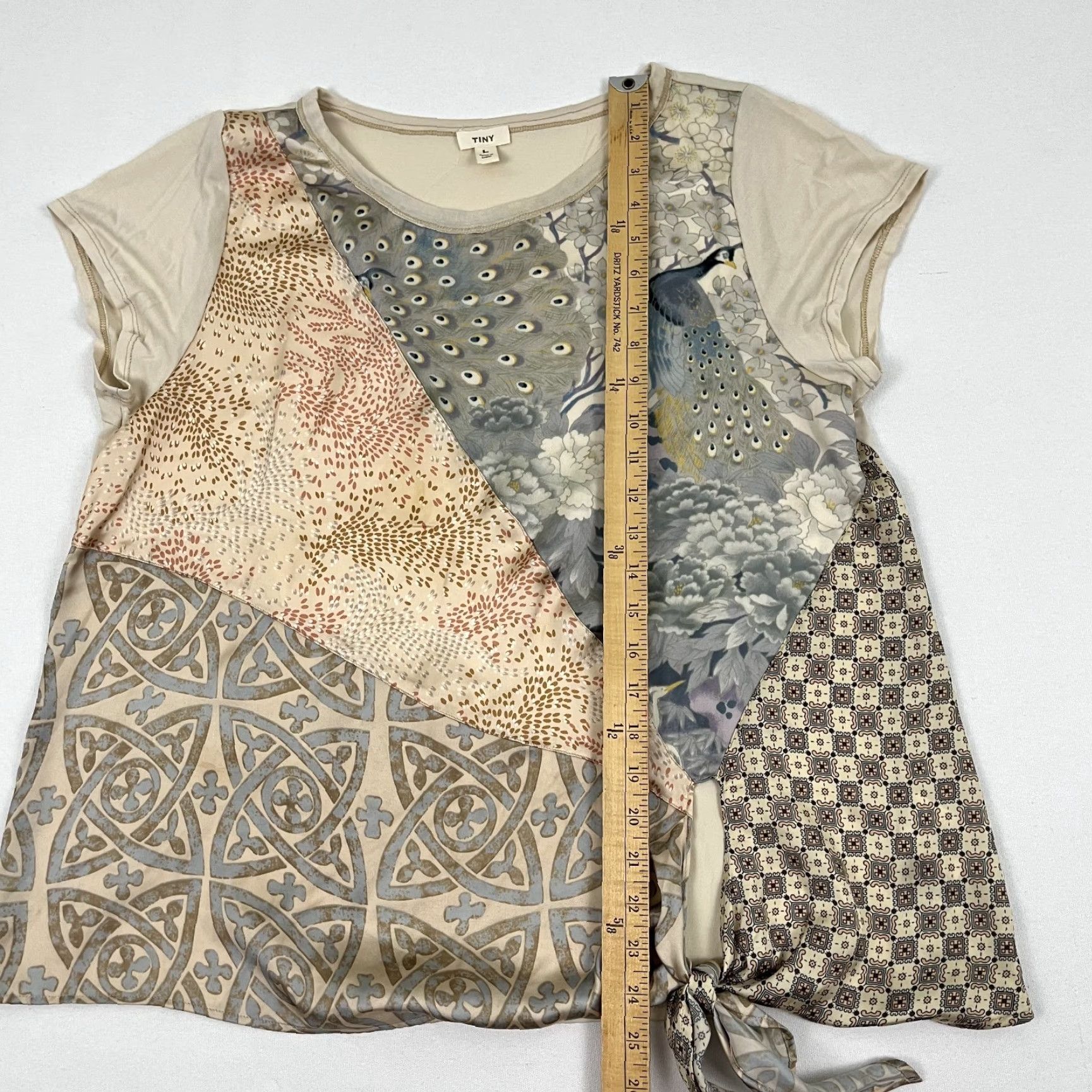 Anthropologie Tiny by Anthropologie Blouse Womens L Boxy Peacock Patchwork Tie Front Boho Top Size L / US 10 / IT 46 - 4 Thumbnail