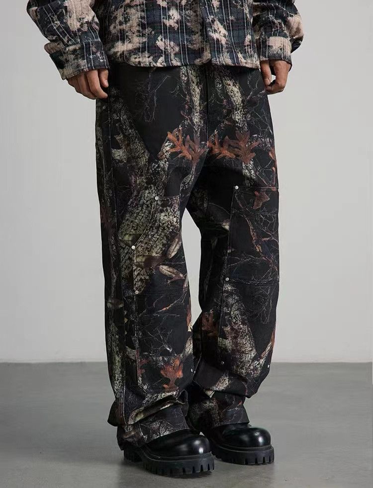image of Jean Vintage Leaf Camouflage Logging Studded Trousers, Men's (Size 34)