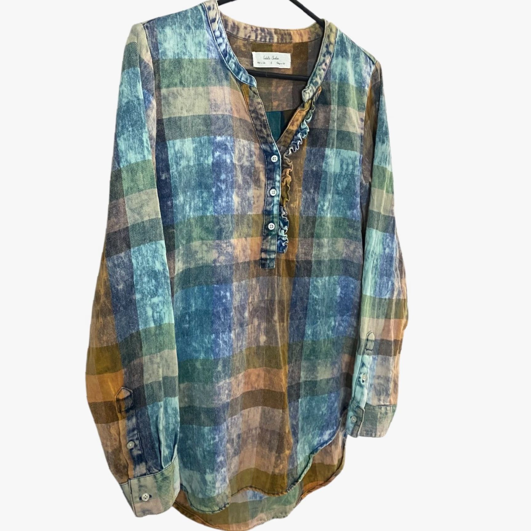 Anthropologie Anthropologie Isabelle Sinclair Ruffle Henley Top Women's S Acid-Washed Tonal Check Multicolor Button-Up Size S / US 4 / IT 40 - 3 Thumbnail