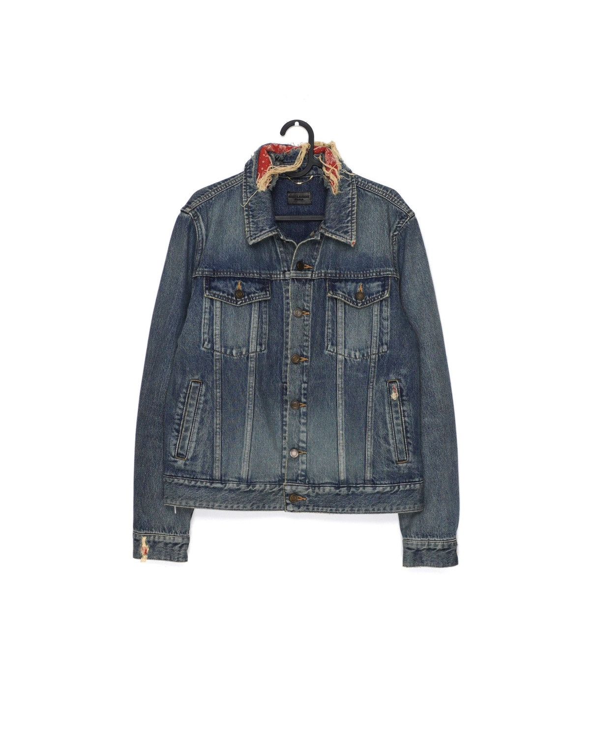 image of Saint Laurent Paris Distressed Canban Bandana Denim Jacket in Blue, Men's (Size Small)