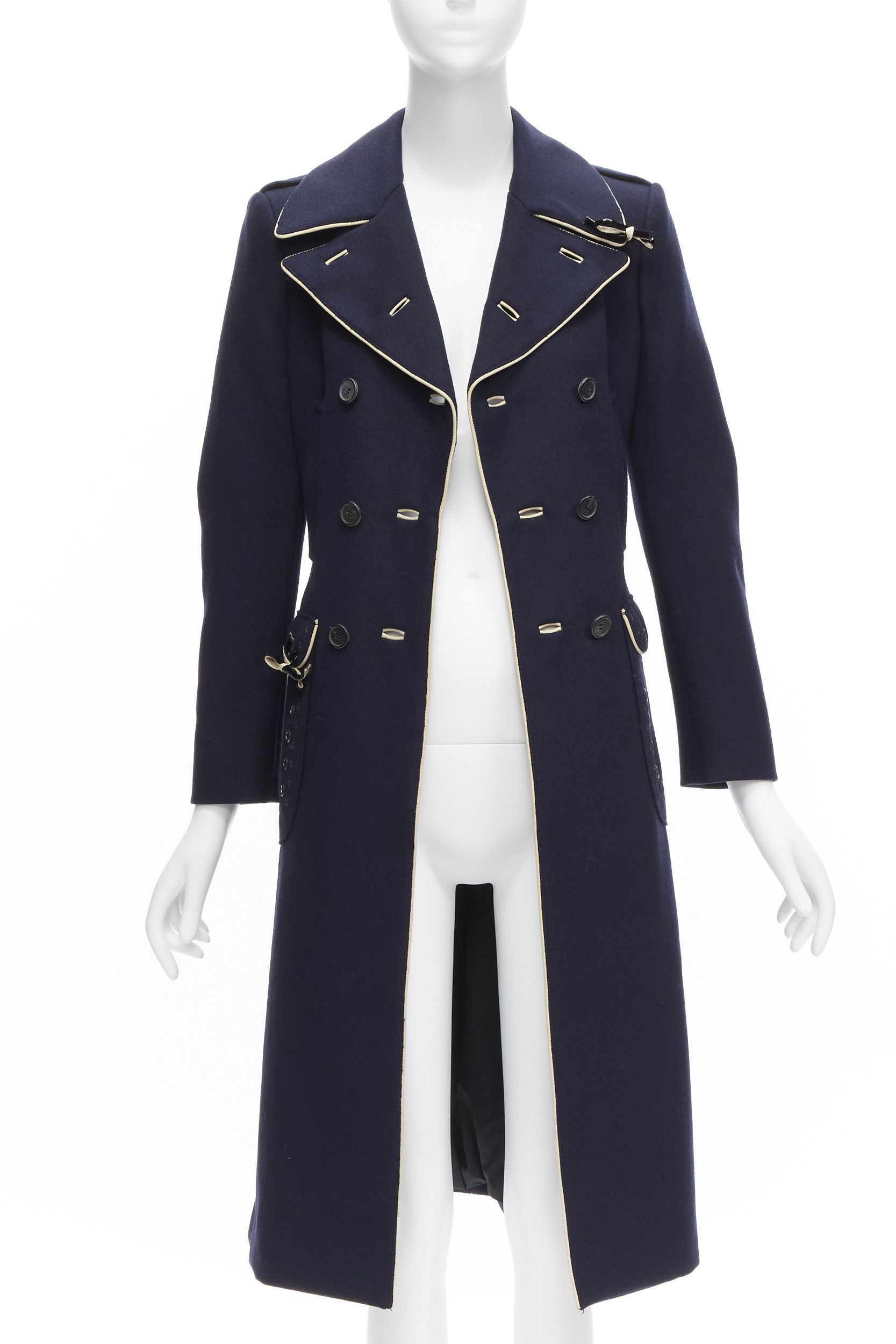 Prada rare PRADA 2004 Look 46 navy blue wool grommet leather trim longline officer coat IT36 XXS Size XS / US 0-2 / IT 36-38 - 1 Thumbnail