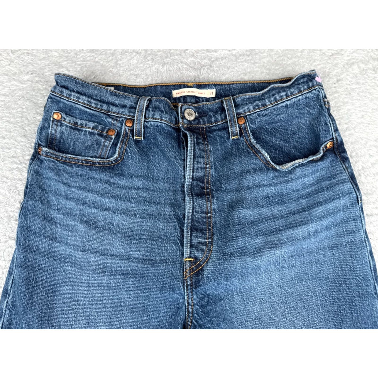 Levi's Levis Jeans Women Blue Distressed Premium Straight 31 24" Inseam 30x24 Vintage No 5-Pocket Design Button Zipper Denim Cotton Blend Shirt? Size 24" / US 00 / IT 34 - 4 Thumbnail