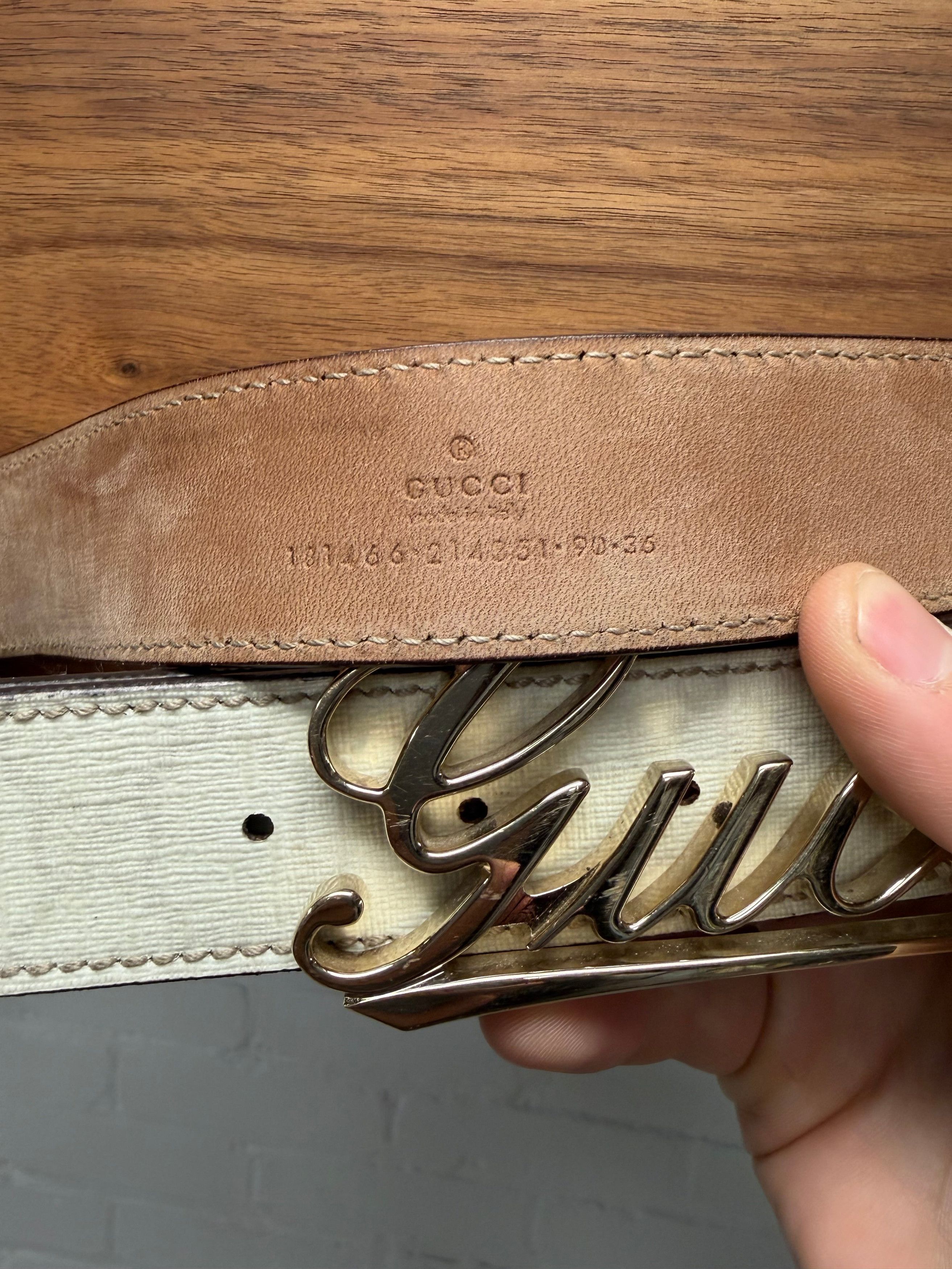 Gucci 2000s Gucci ‘Cursive Script’ GoldWhite Monogram Leather Belt Size ONE SIZE - 4 Thumbnail