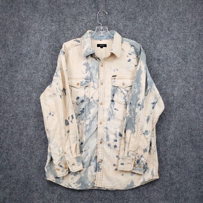 Vintage Akoo Denim Shirt Mens L Large White Acid Wash USA American Flag ...