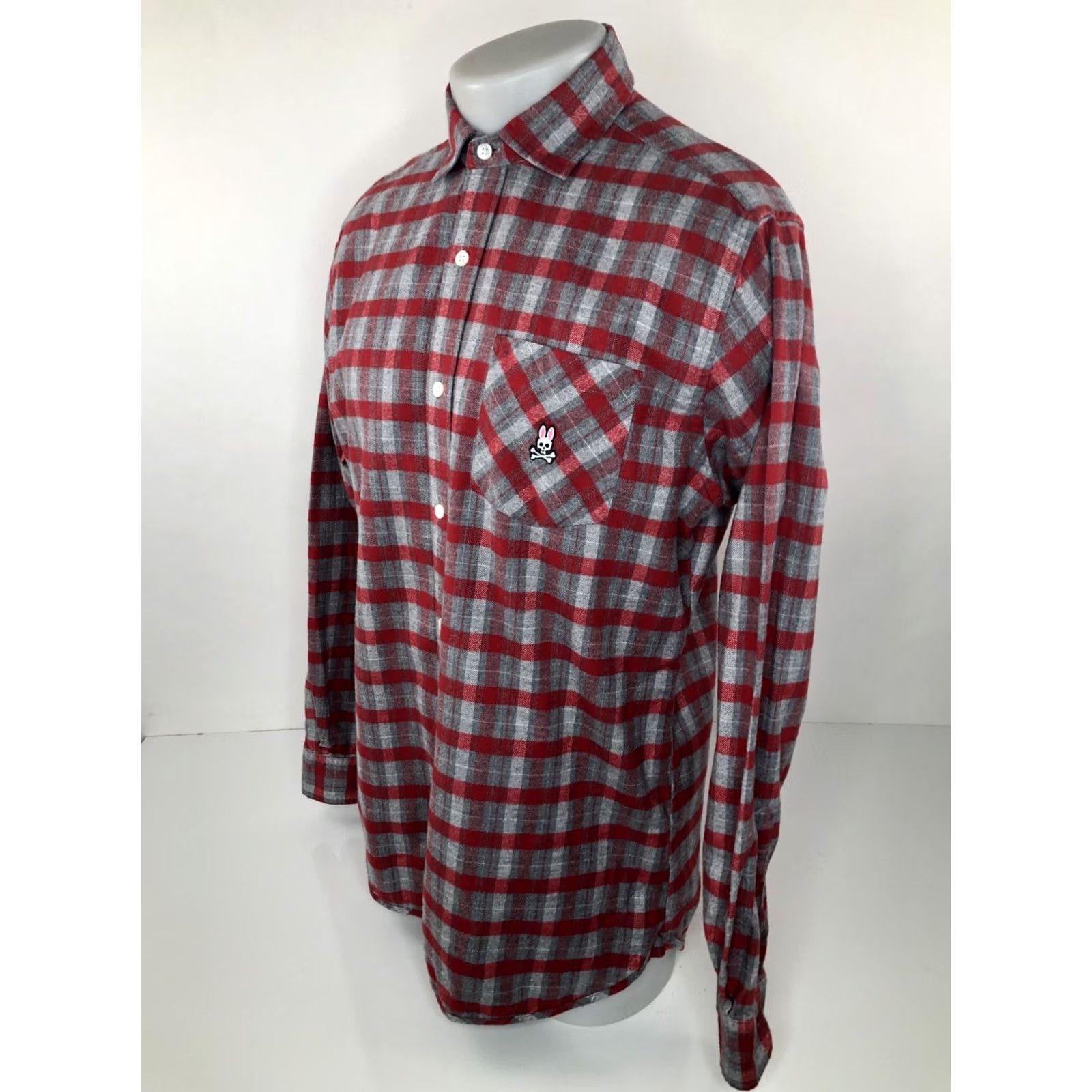 Psycho Bunny Psycho Bunny / Robert Godley Embroidered Skull Plaid Check Flannel Lg. Shirt Shirt Mens L Red / Gray Embroidered Skull 90s Style Size US L / EU 52-54 / 3 - 3 Thumbnail