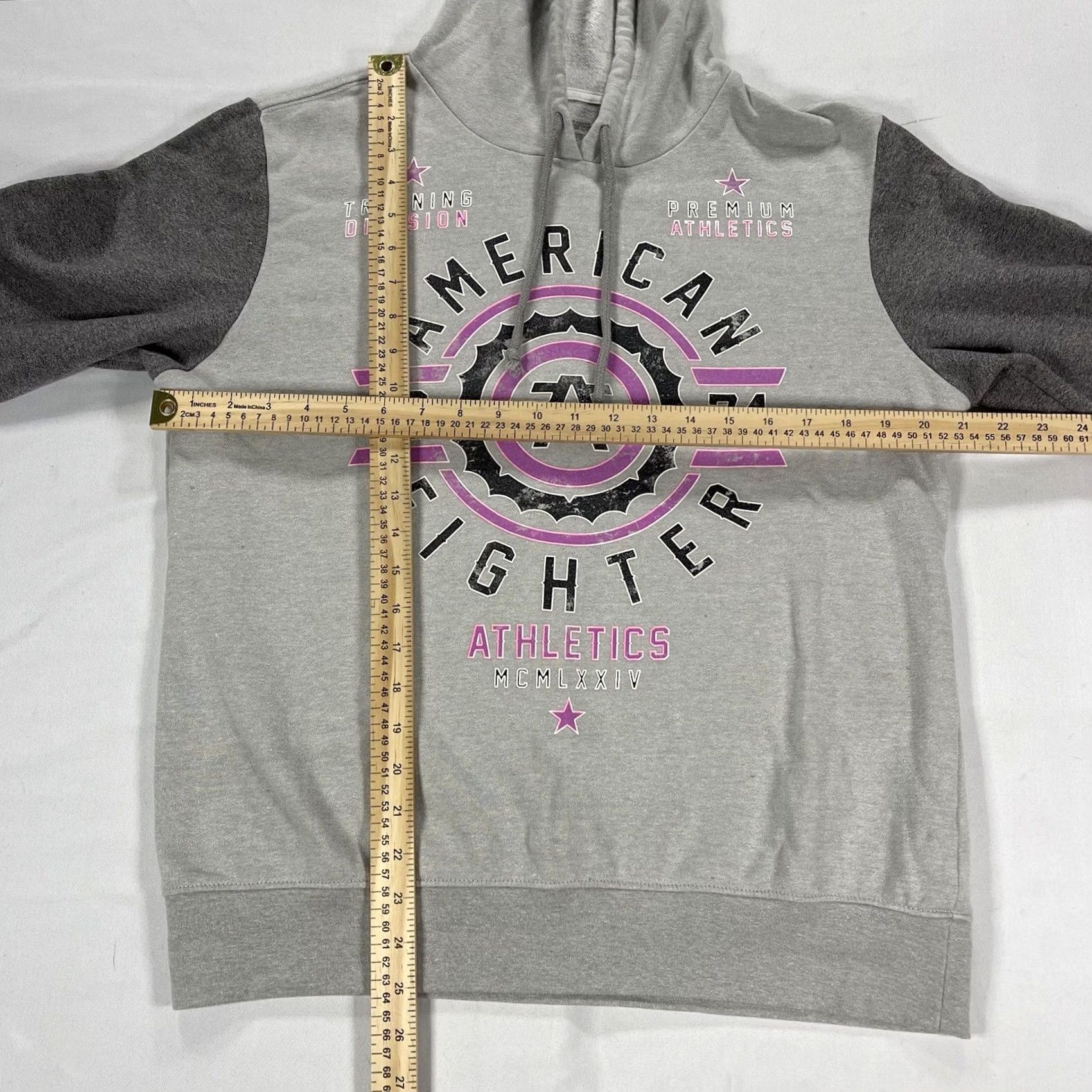 Vintage American Fighter Hoodie Women L Pink Gray Purple Pullover Hooded Casual Activewear Knit Cotton Blend Modern Classic Sweatshirt Size L / US 10 / IT 46 - 2 Thumbnail
