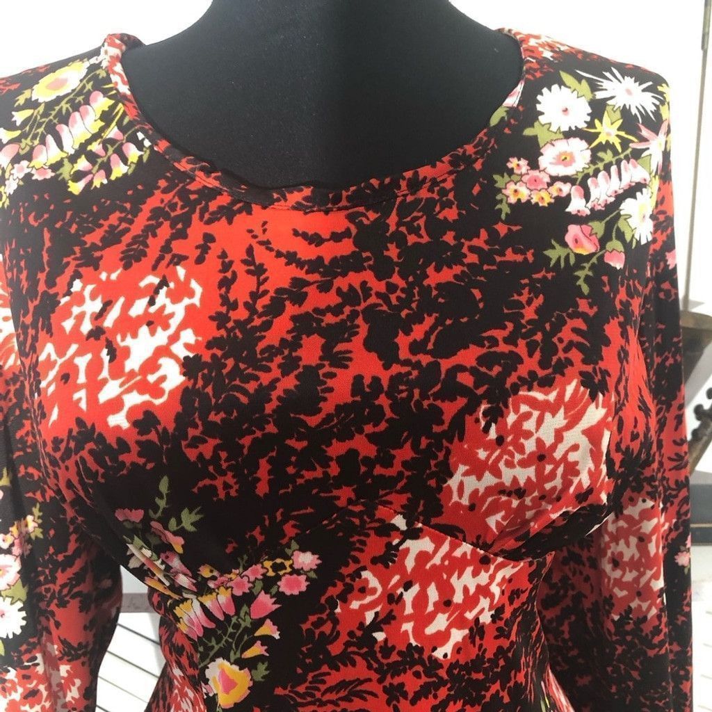 Vintage 70s boho mod floral red black midi dress trumpet sleeves L Size M / US 6-8 / IT 42-44 - 9 Thumbnail