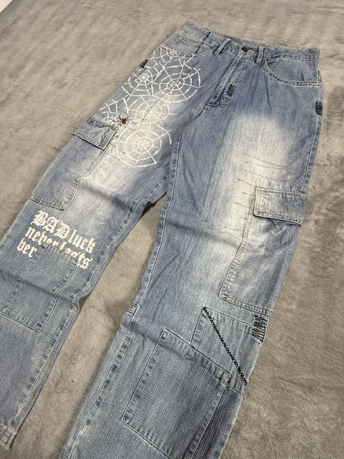 JNCO × Japanese Brand × Spyder Vintage Spider Web Poems Japanese baggy Cargo Denim Pants Size US 30 / EU 46 - 3 Thumbnail