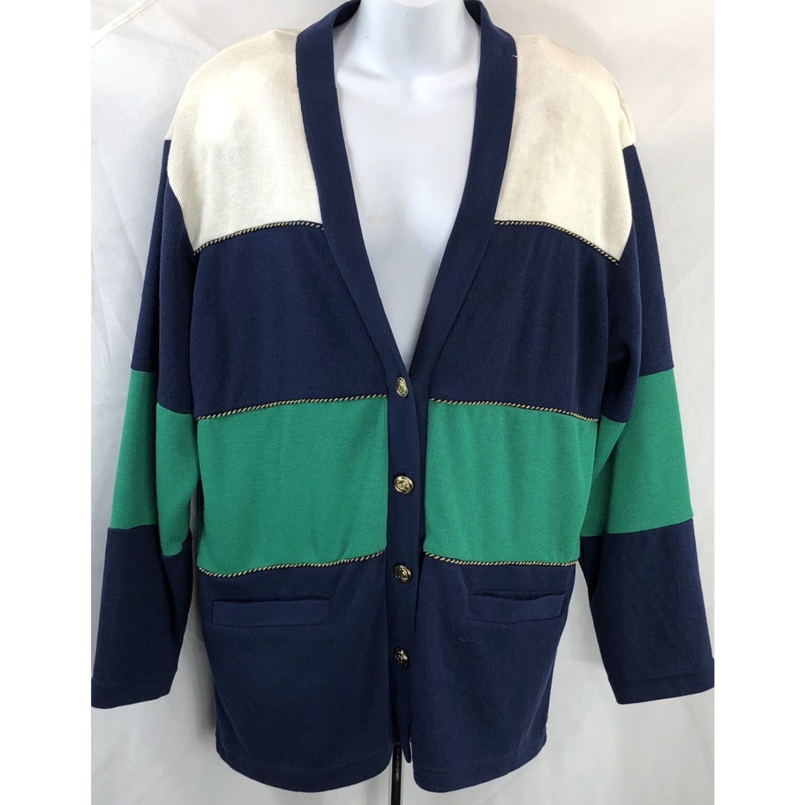 Vintage Koret Knit Cardigan Sweater Jacket L Navy Trafalgar Square Pockets Preppy Size L / US 10 / IT 46 - 5 Thumbnail