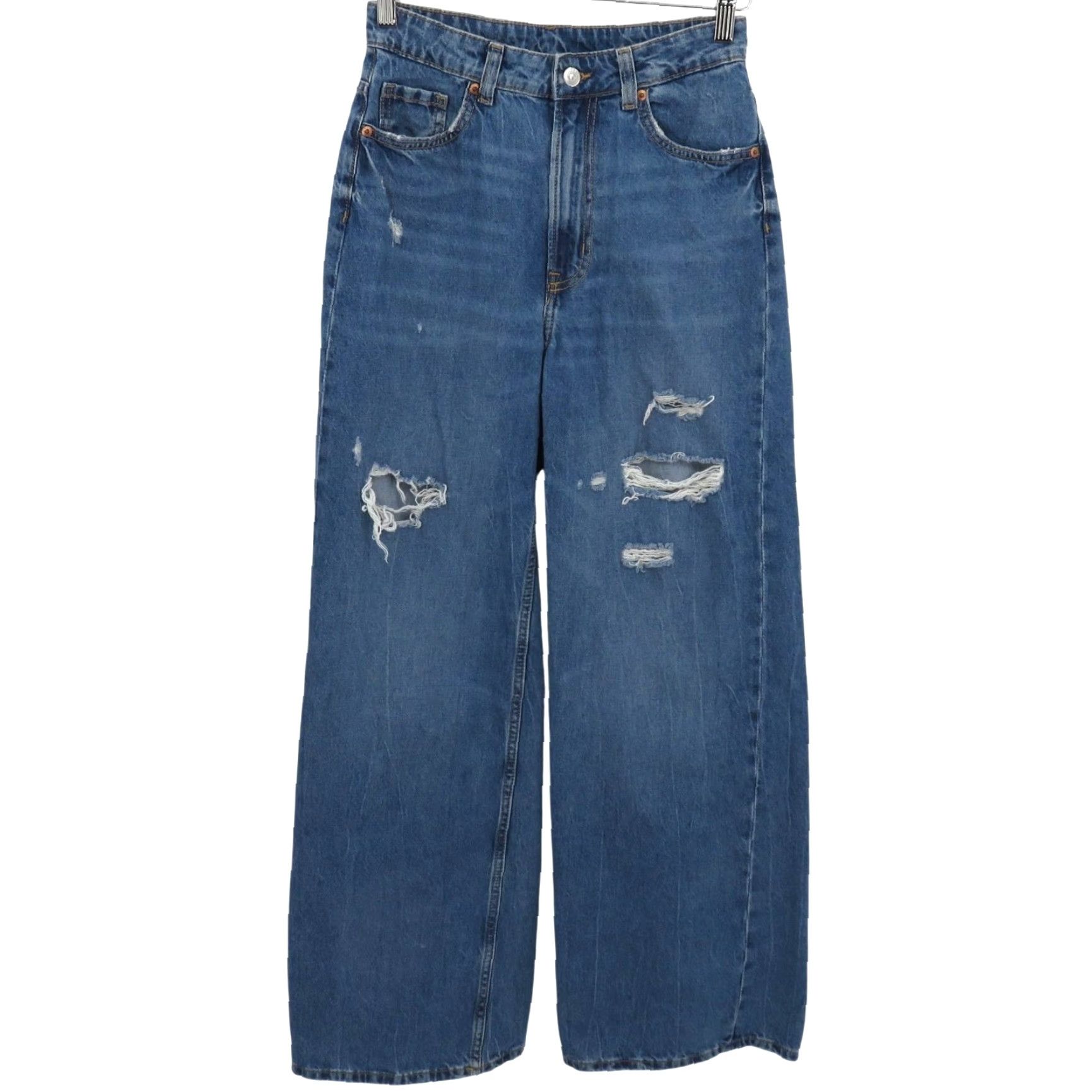 Vintage H&M Divided Jeans Women 4 Distressed Wide-Leg 5-Pocket Denim Blue Cotton Blend Pocket Pockets Regular Vintage No Size 27" / US 4 / IT 40 - 2 Thumbnail