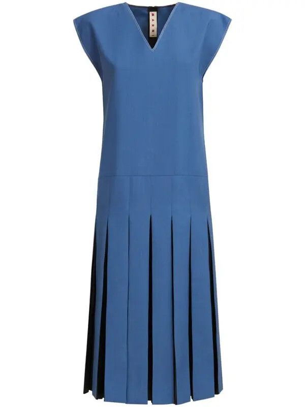 Marni o1w1db11125 Pleated Twill Midi Dress in Blue Size XL / US 12-14 / IT 48-50 - 1 Thumbnail