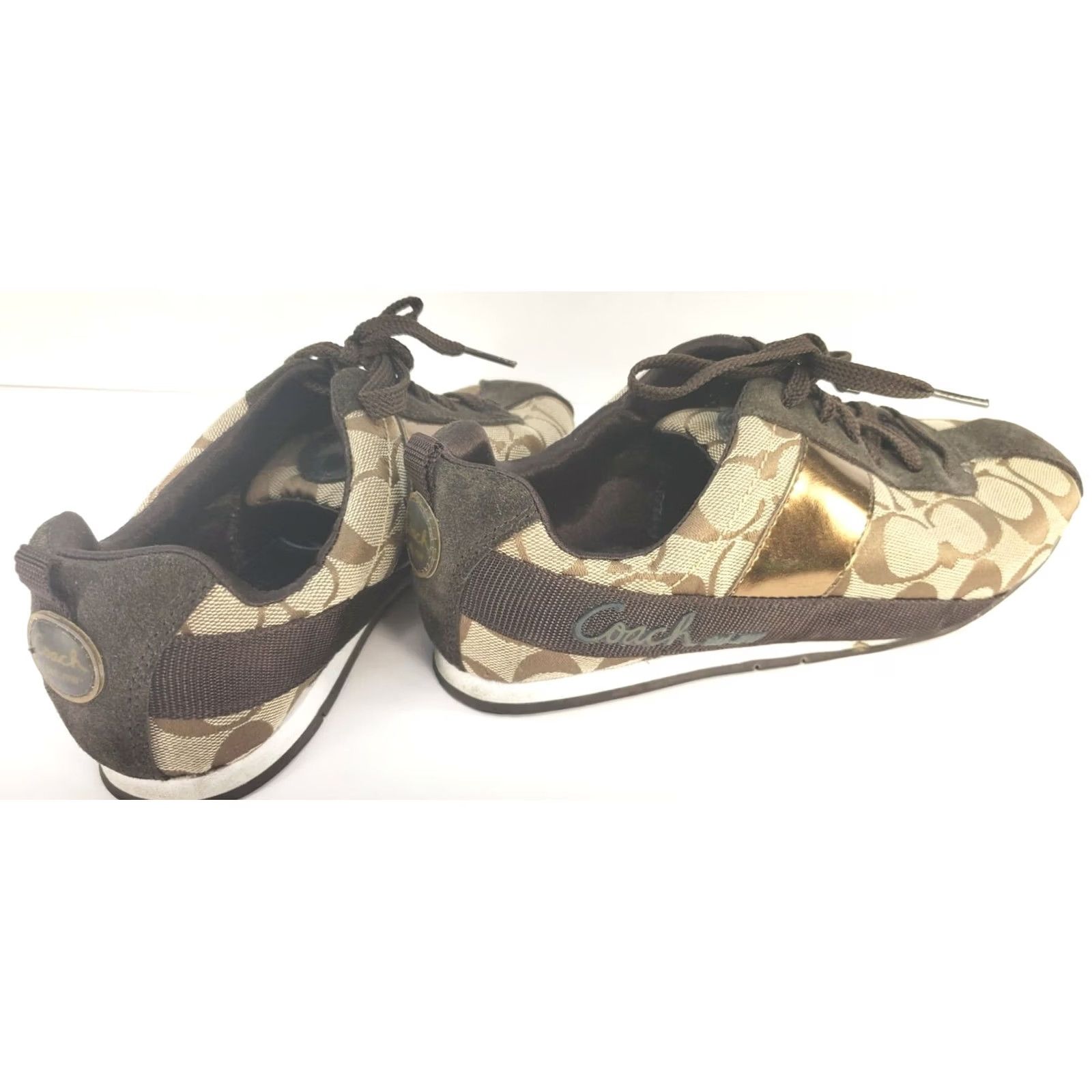 Coach Coach Hadley Sneaker Women’s 6.5M Brown Gold Coach Logo Fabric & Suede Shoe, Athletic, Casual, Low Top, Lace Up, Comfortable, Rubber Outsole, M Width Size US 7 / IT 37 - 4 Thumbnail