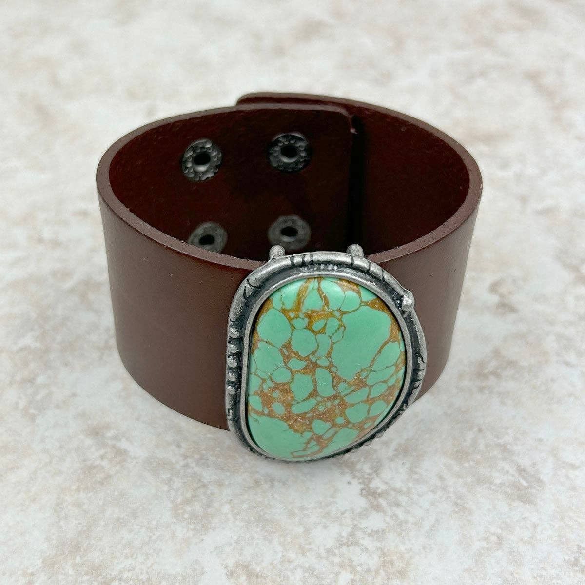 Other Natural Green Stone Dark Brown Leather Cuff Bracelet, Leathe Size ONE SIZE - 4 Thumbnail