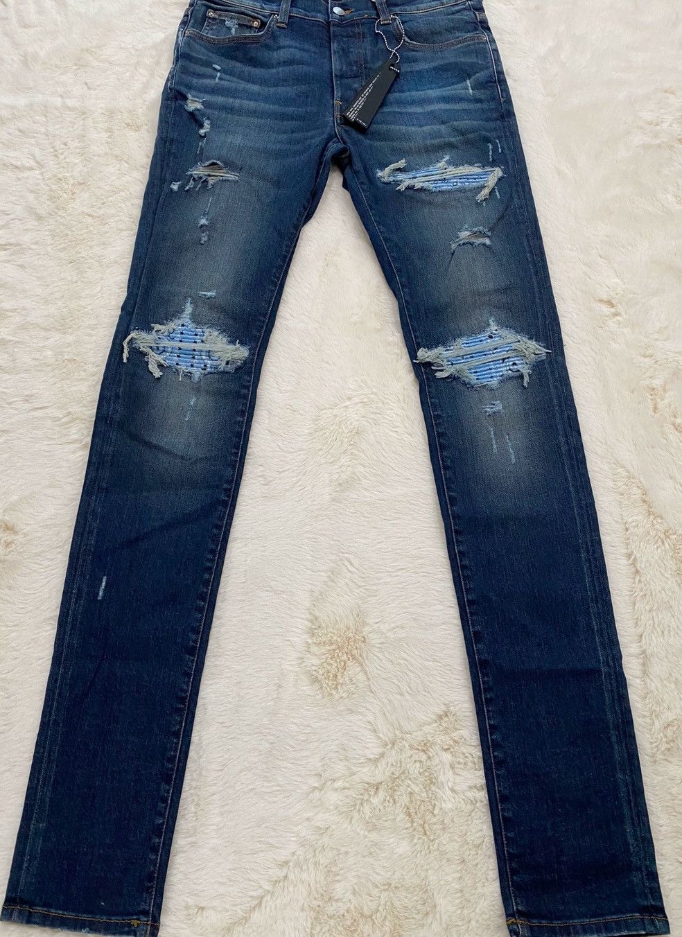 image of Amiri Blue Cashew Flower Mx1 Patchwork Jeans, Men's (Size 32)
