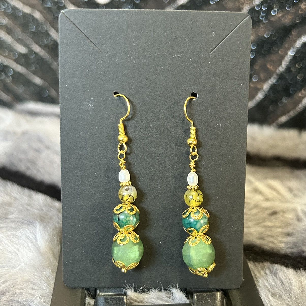 Handmade Handcrafted green crackle glass dragon vein agate earrings Size ONE SIZE - 2 Thumbnail